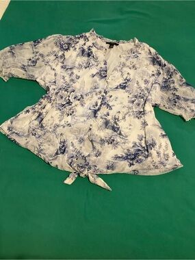 Haver Blue and White Floral Tie-Front Blouse